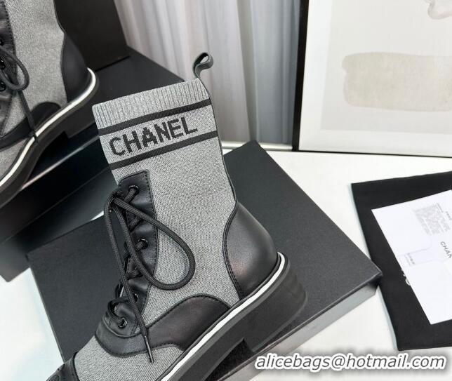 Big Discount Chanel Sock Lace-up Ankle Boots in Knit and Calfskin Grey 814016