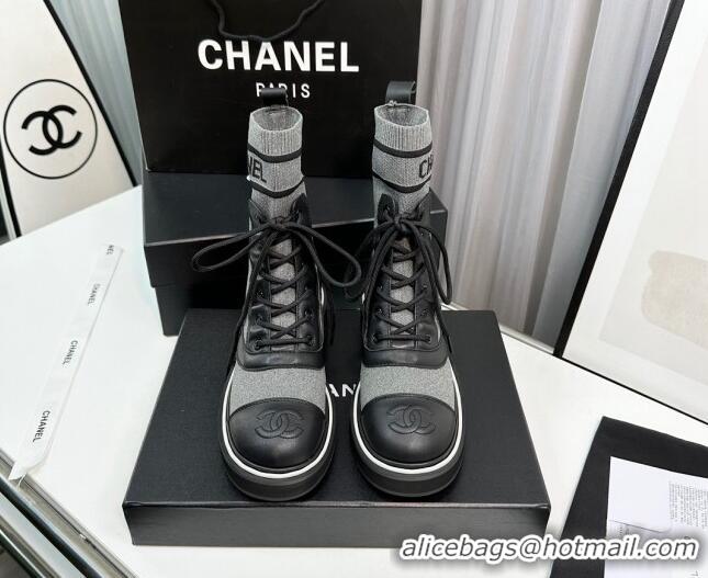 Big Discount Chanel Sock Lace-up Ankle Boots in Knit and Calfskin Grey 814016