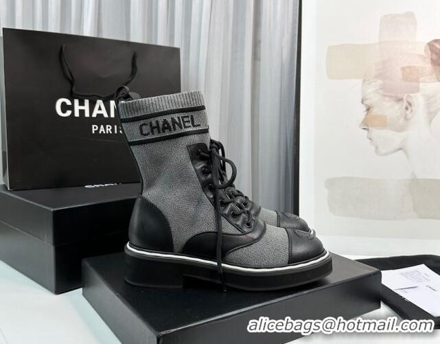 Big Discount Chanel Sock Lace-up Ankle Boots in Knit and Calfskin Grey 814016