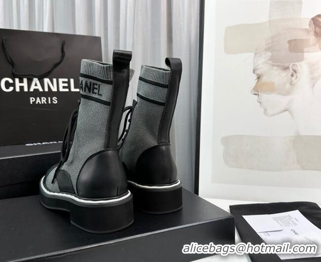 Big Discount Chanel Sock Lace-up Ankle Boots in Knit and Calfskin Grey 814016