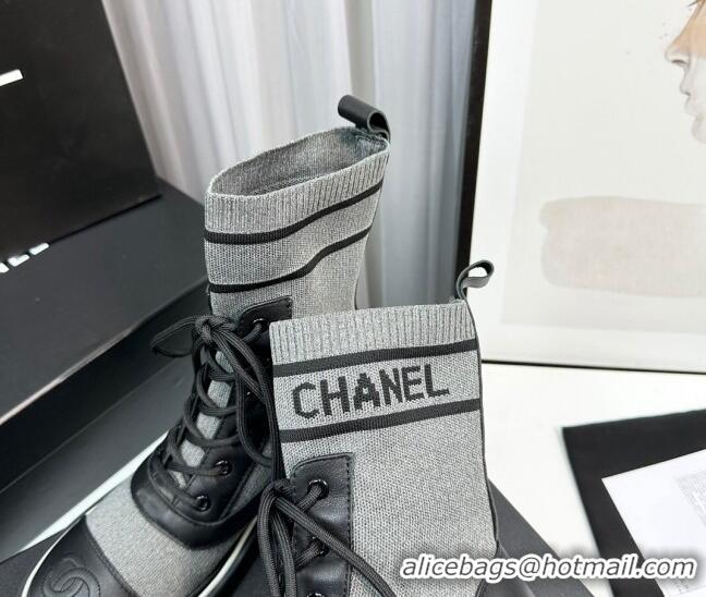 Big Discount Chanel Sock Lace-up Ankle Boots in Knit and Calfskin Grey 814016