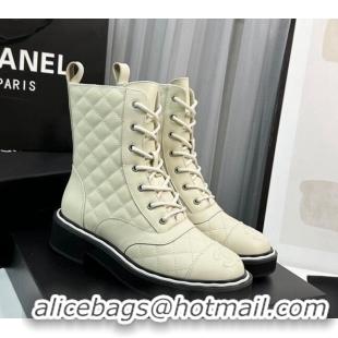 Cheap Price Chanel Quilted Calfskin Lace-up Ankle Boots Light Beige 814017