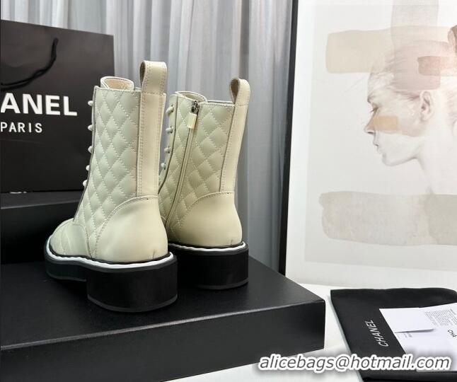 Cheap Price Chanel Quilted Calfskin Lace-up Ankle Boots Light Beige 814017