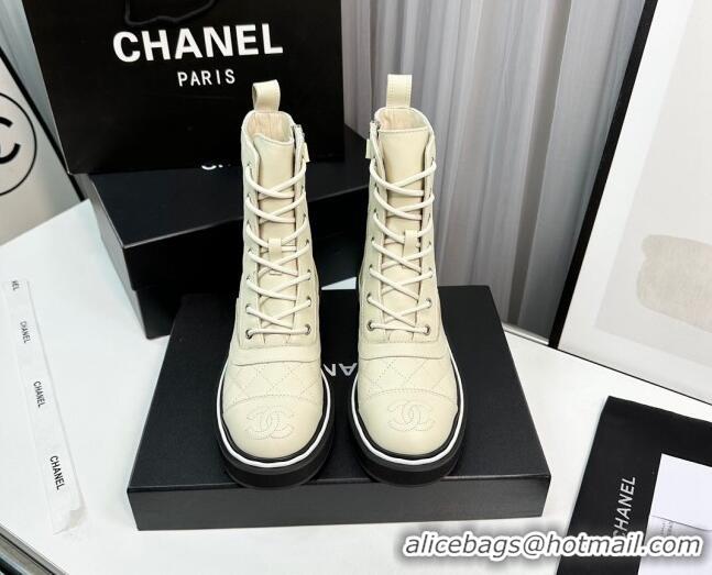 Cheap Price Chanel Quilted Calfskin Lace-up Ankle Boots Light Beige 814017