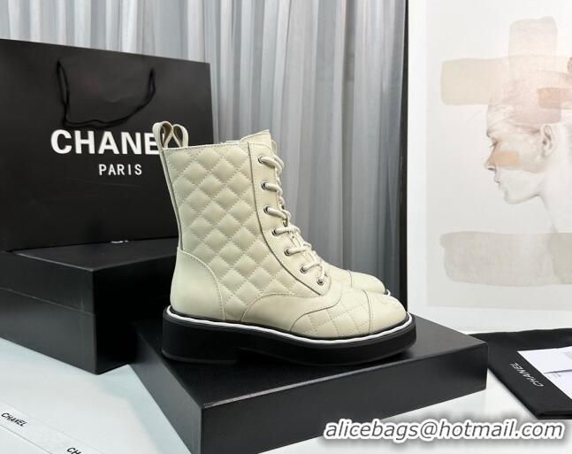 Cheap Price Chanel Quilted Calfskin Lace-up Ankle Boots Light Beige 814017