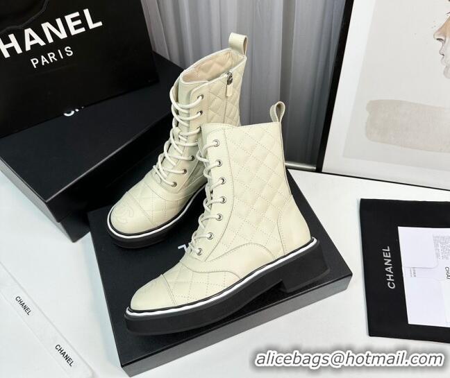 Cheap Price Chanel Quilted Calfskin Lace-up Ankle Boots Light Beige 814017