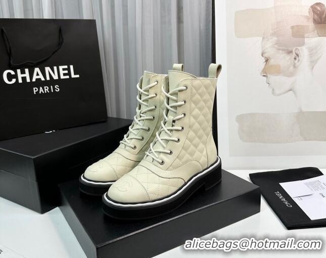 Cheap Price Chanel Quilted Calfskin Lace-up Ankle Boots Light Beige 814017