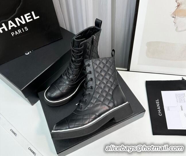 Feminine Chanel Quilted Calfskin Lace-up Ankle Boots Black 814018