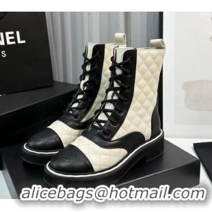 Shop Duplicate Chanel Quilted Calfskin Lace-up Ankle Boots Beige/Black 814019