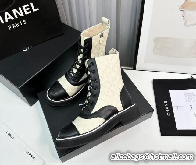 Shop Duplicate Chanel Quilted Calfskin Lace-up Ankle Boots Beige/Black 814019