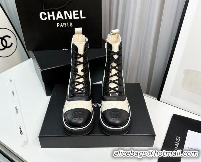 Shop Duplicate Chanel Quilted Calfskin Lace-up Ankle Boots Beige/Black 814019