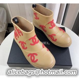 Good Quality Chanel CC Printed Rubber Rain Boots Beige/Red 819069