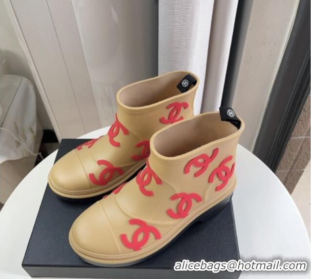 Good Quality Chanel CC Printed Rubber Rain Boots Beige/Red 819069