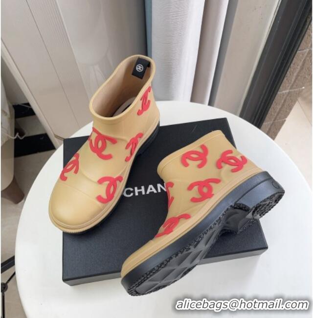 Good Quality Chanel CC Printed Rubber Rain Boots Beige/Red 819069