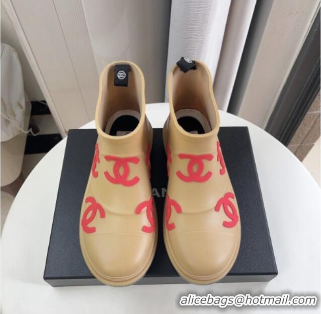 Good Quality Chanel CC Printed Rubber Rain Boots Beige/Red 819069