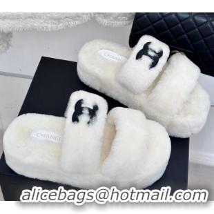 Popular Style Chanel Wool Platform Slide Sandals 5cm White 819023