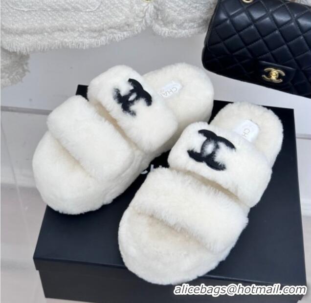 Popular Style Chanel Wool Platform Slide Sandals 5cm White 819023