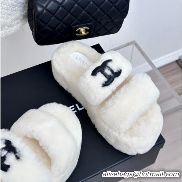 Popular Style Chanel Wool Platform Slide Sandals 5cm White 819023