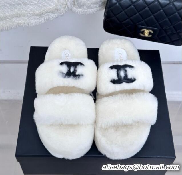 Popular Style Chanel Wool Platform Slide Sandals 5cm White 819023