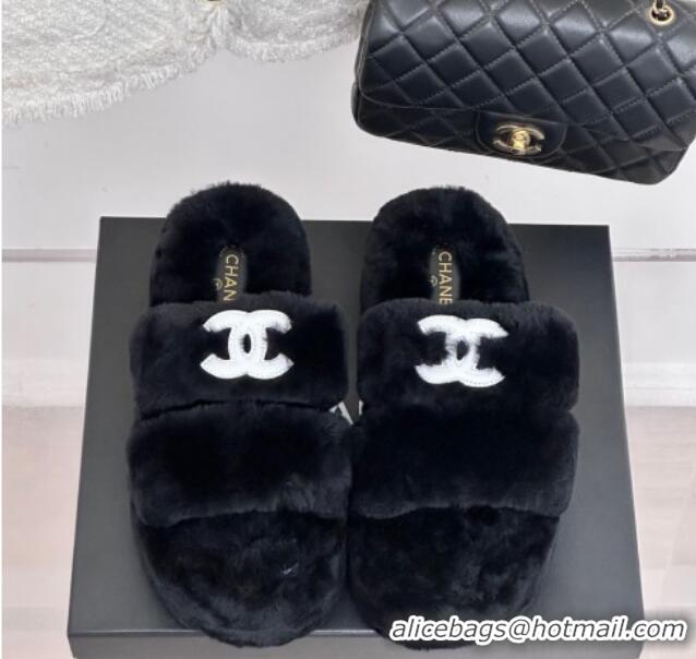 Lowest Price Chanel Wool Platform Slide Sandals 5cm Black 819025