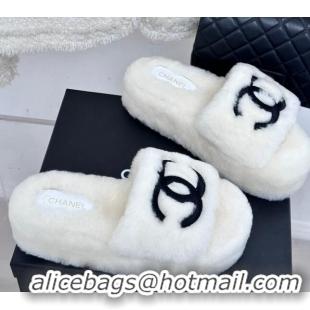 Top Design Chanel Wool Platform Slide Sandals 5cm White 819026