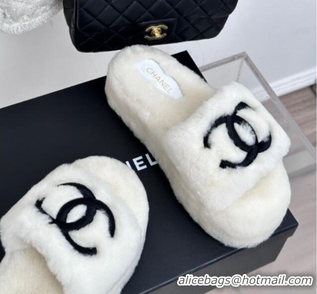 Top Design Chanel Wool Platform Slide Sandals 5cm White 819026