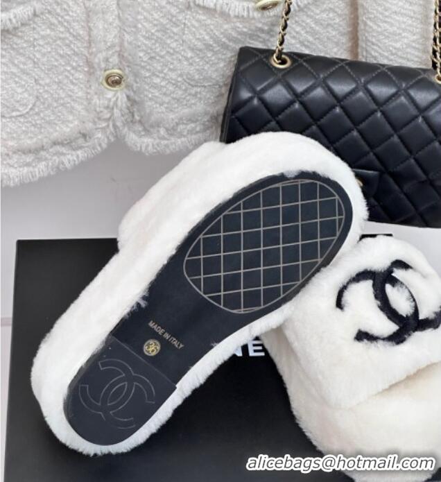 Top Design Chanel Wool Platform Slide Sandals 5cm White 819026