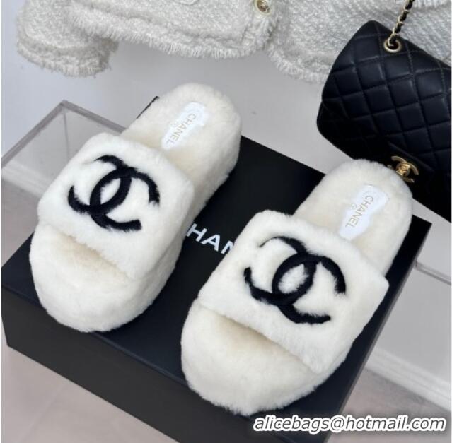 Top Design Chanel Wool Platform Slide Sandals 5cm White 819026