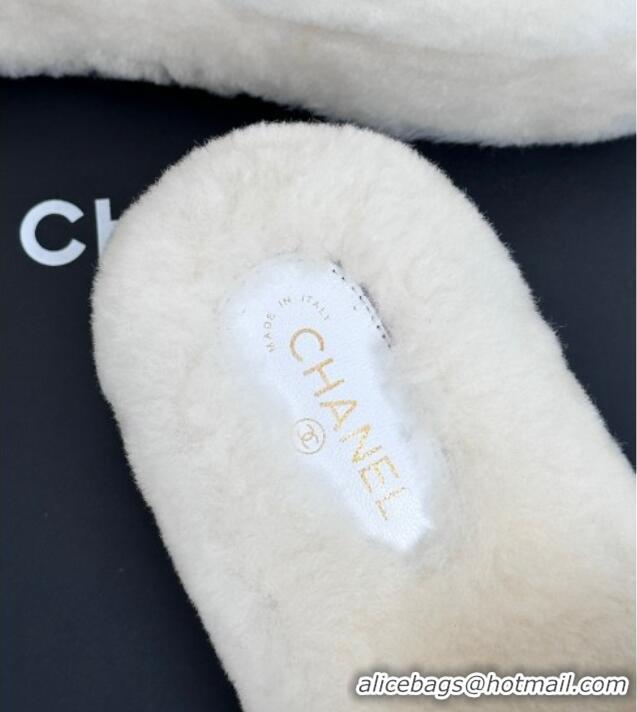 Top Design Chanel Wool Platform Slide Sandals 5cm White 819026