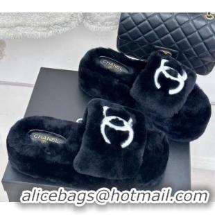 Luxury Chanel Wool Platform Slide Sandals 5cm Black 819028