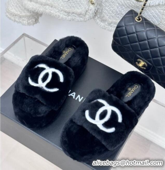 Luxury Chanel Wool Platform Slide Sandals 5cm Black 819028