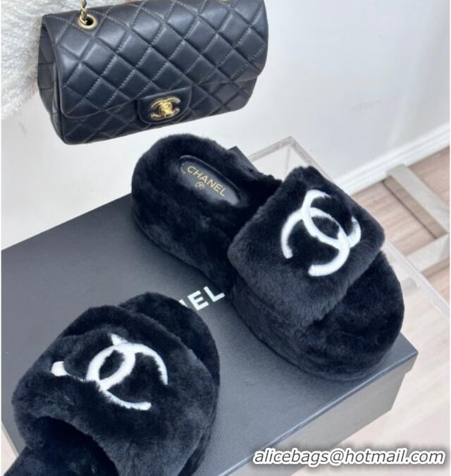 Luxury Chanel Wool Platform Slide Sandals 5cm Black 819028