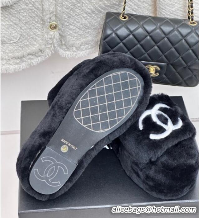 Luxury Chanel Wool Platform Slide Sandals 5cm Black 819028