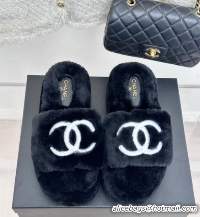 Luxury Chanel Wool Platform Slide Sandals 5cm Black 819028