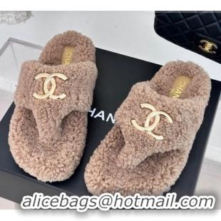 Grade Quality Chanel Shearling Flat Thong Slide Sandals Beige 819029 