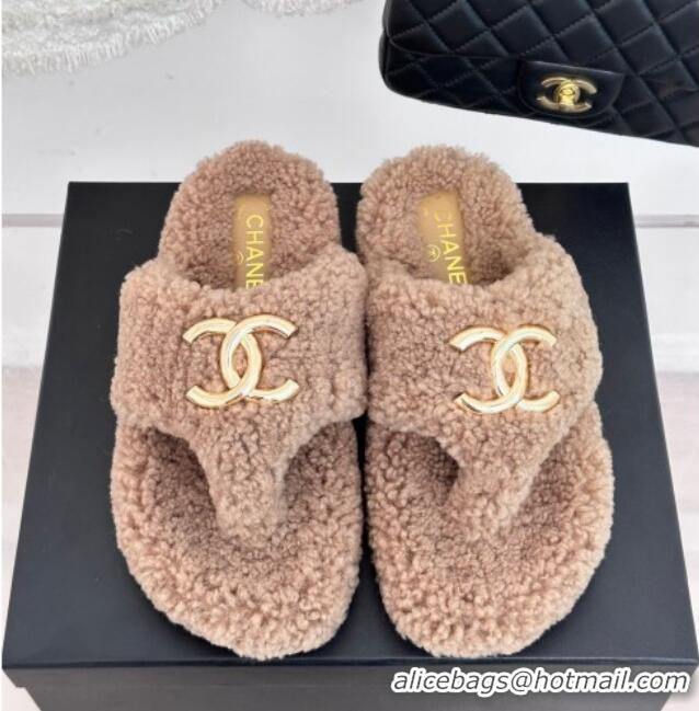 Grade Quality Chanel Shearling Flat Thong Slide Sandals Beige 819029 