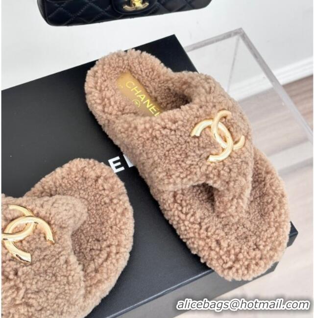 Grade Quality Chanel Shearling Flat Thong Slide Sandals Beige 819029 