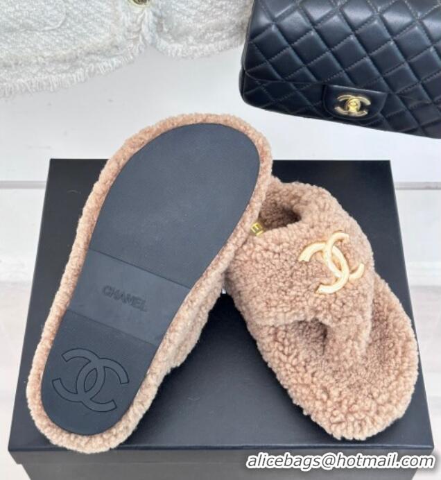 Grade Quality Chanel Shearling Flat Thong Slide Sandals Beige 819029 