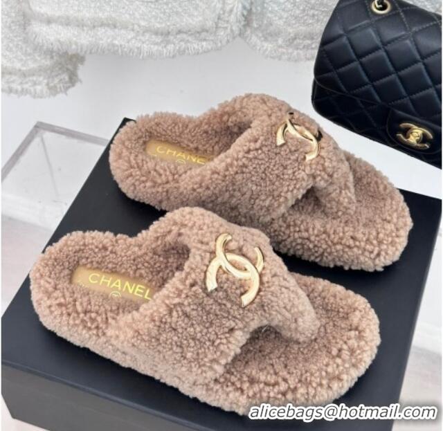 Grade Quality Chanel Shearling Flat Thong Slide Sandals Beige 819029 