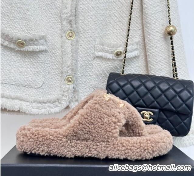 Grade Quality Chanel Shearling Flat Thong Slide Sandals Beige 819029 