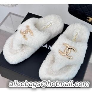 Best Grade Chanel Shearling Flat Thong Slide Sandals White 819030