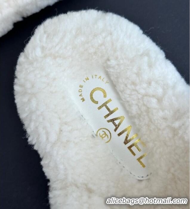 Best Grade Chanel Shearling Flat Thong Slide Sandals White 819030