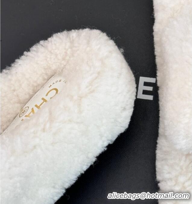 Best Grade Chanel Shearling Flat Thong Slide Sandals White 819030