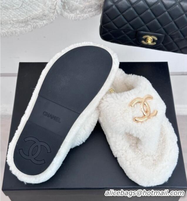 Best Grade Chanel Shearling Flat Thong Slide Sandals White 819030