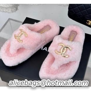 Low Price Chanel Shearling Flat Thong Slide Sandals Light Pink 819031