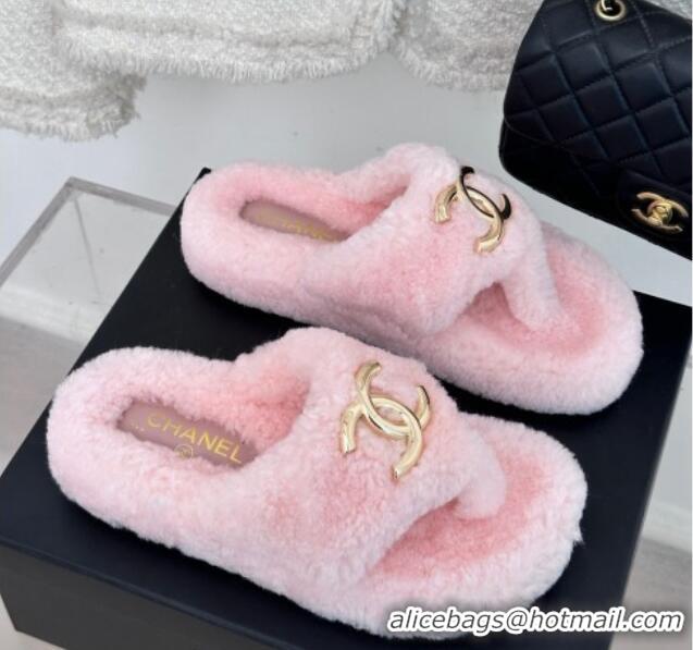 Low Price Chanel Shearling Flat Thong Slide Sandals Light Pink 819031