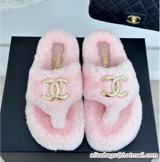 Low Price Chanel Shearling Flat Thong Slide Sandals Light Pink 819031