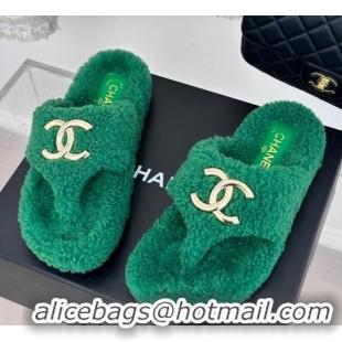 Luxurious Chanel Shearling Flat Thong Slide Sandals Green 819032