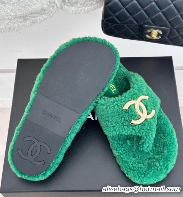 Luxurious Chanel Shearling Flat Thong Slide Sandals Green 819032