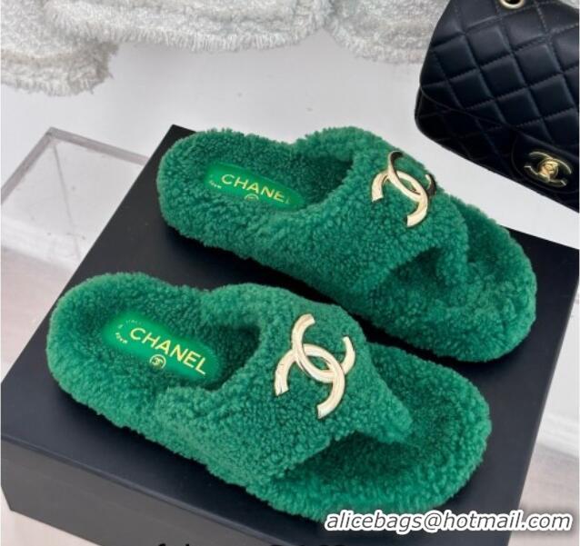 Luxurious Chanel Shearling Flat Thong Slide Sandals Green 819032